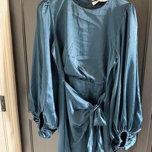 Elegant satin blue wrap dress